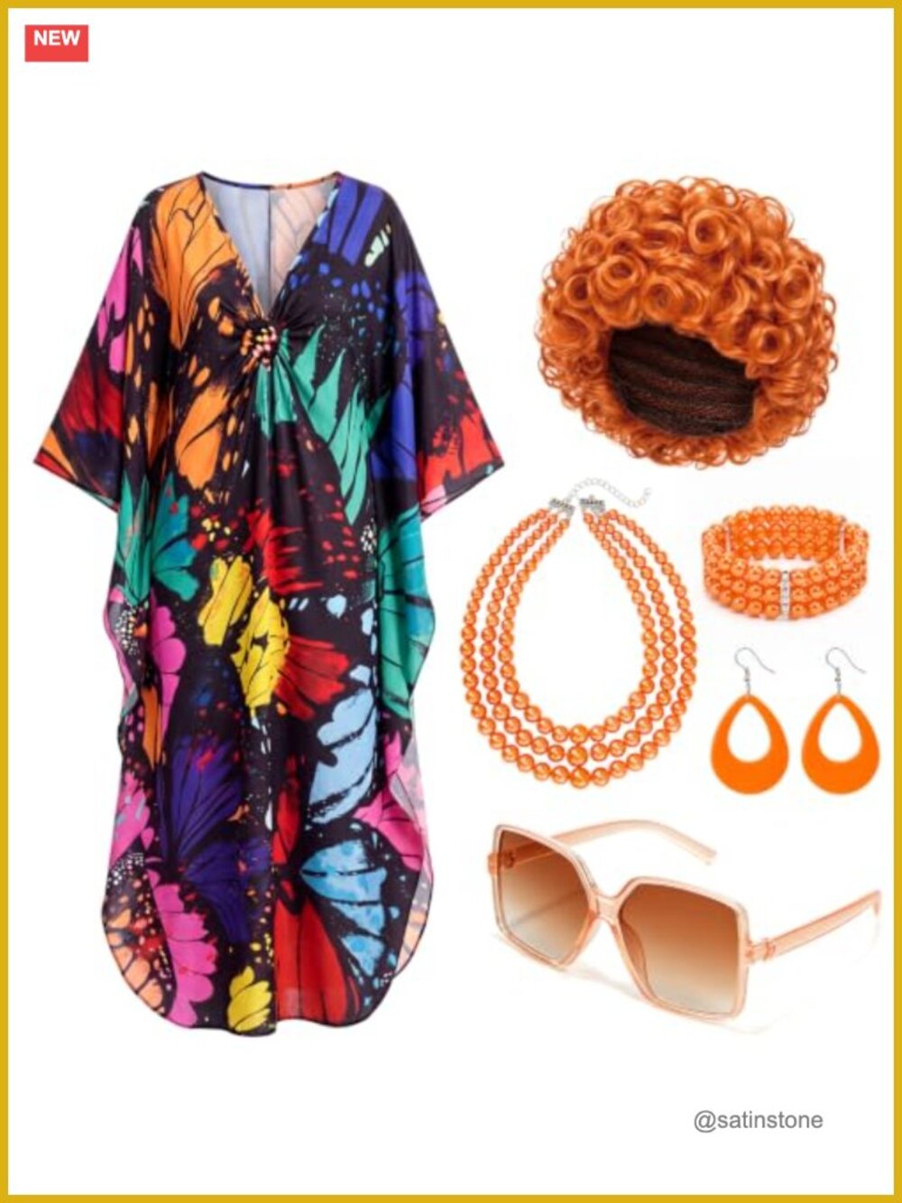 70s Landlady Costume Set 6 Pc Caftan Dress Wig Sunglasses Retro Cosplay